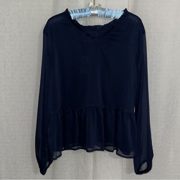 LOFT M Navy Chiffon Ruffle Neck Back V-Neck Sheer Sleeve Peplum Blouse - Picture 3 of 14